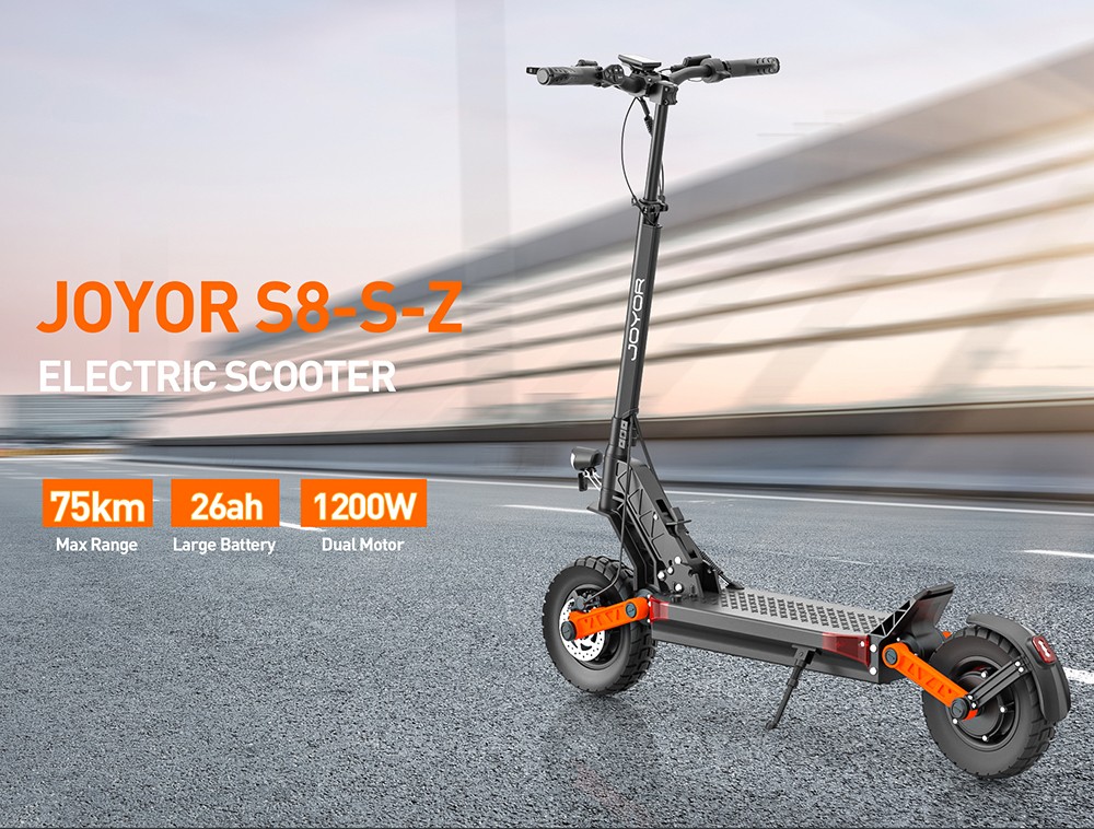 Trotineta electrica Joyor S8-S-Z cu semnal de viraj, motor 600 W x 2, baterie 48 V 26 Ah, anvelopa 10 inch, viteza maxima 55 km/h, autonomia 75 km, frane hidraulice duble, amortizoare fata si spate, sistem 6 lumini