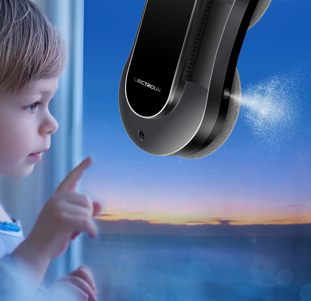 LIECTROUX YW810 Robot nettoyeur de vitres, jet d'eau bidirectionnel, nettoyage à sec et humide, itinéraire AI, moteur et ventilateur sans balais, application et télécommande, plusieurs modes de protection de sécurité, noir