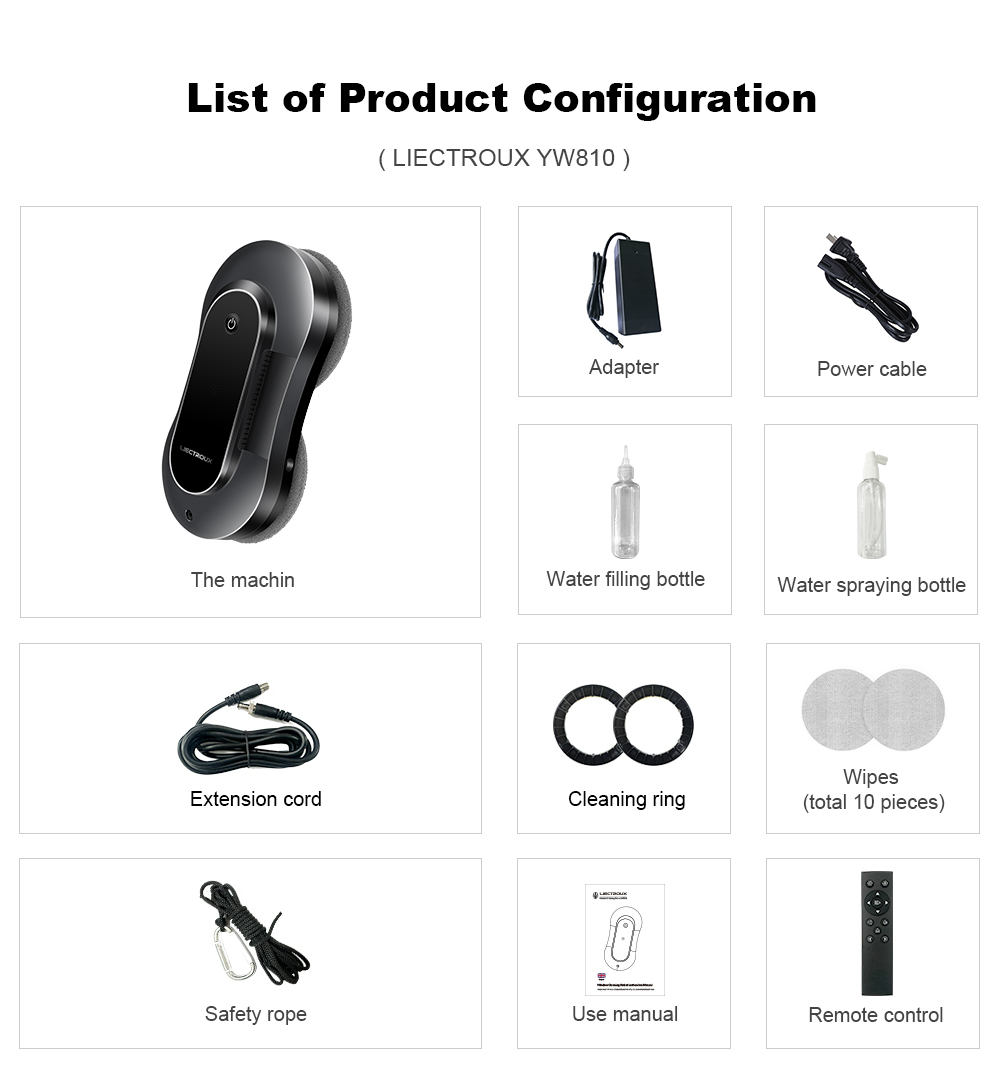 LIECTROUX YW810 Robot nettoyeur de vitres, jet d'eau bidirectionnel, nettoyage à sec et humide, itinéraire AI, moteur et ventilateur sans balais, application et télécommande, plusieurs modes de protection de sécurité, noir