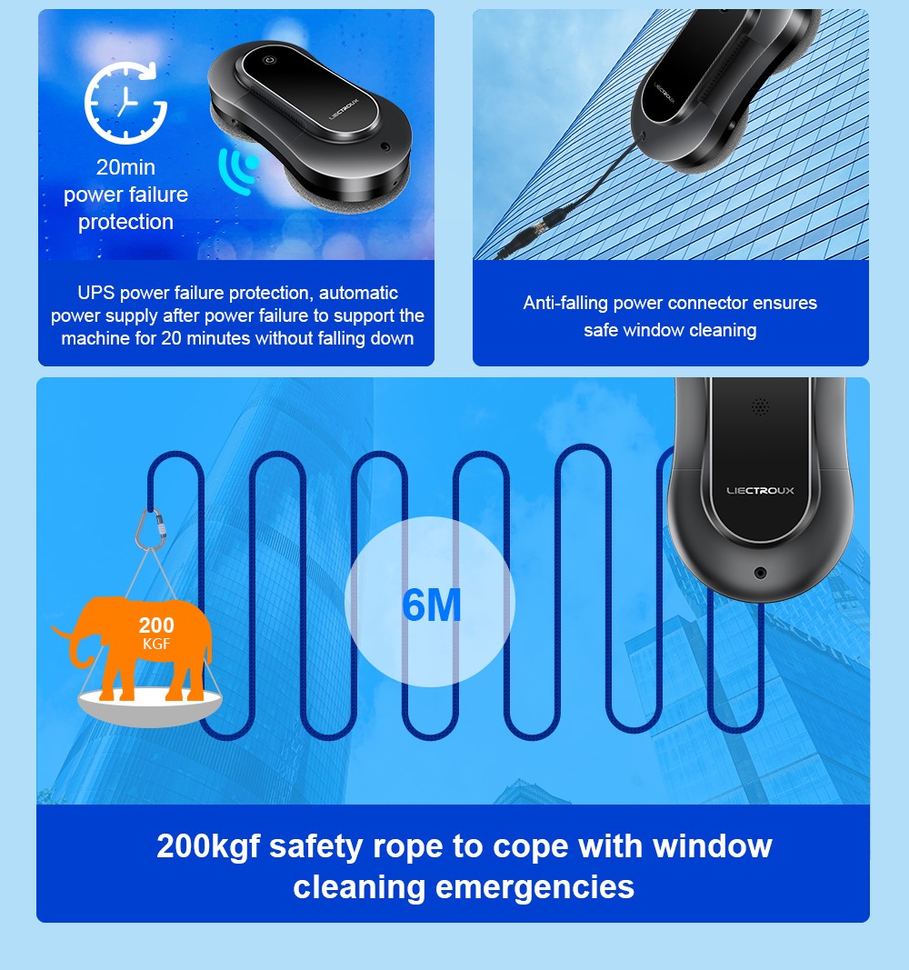 LIECTROUX YW810 Robot nettoyeur de vitres, jet d'eau bidirectionnel, nettoyage à sec et humide, itinéraire AI, moteur et ventilateur sans balais, application et télécommande, plusieurs modes de protection de sécurité, noir