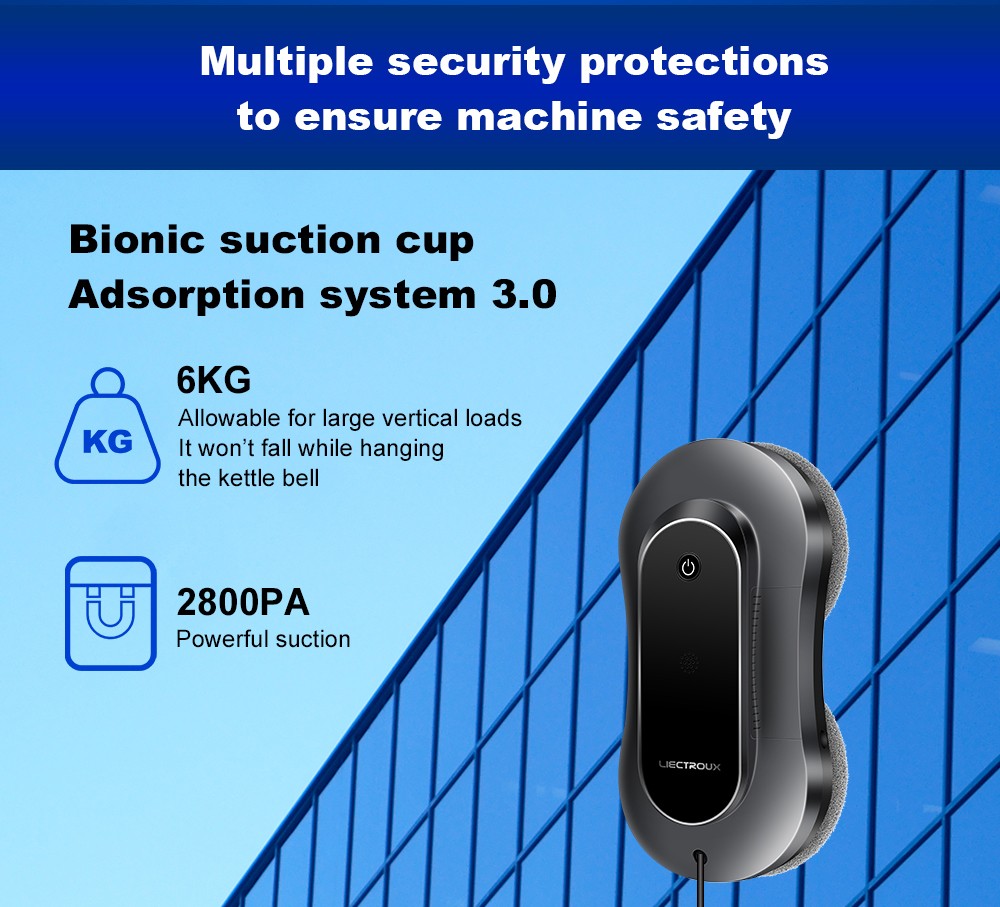 LIECTROUX YW810 Robot nettoyeur de vitres, jet d'eau bidirectionnel, nettoyage à sec et humide, itinéraire AI, moteur et ventilateur sans balais, application et télécommande, plusieurs modes de protection de sécurité, noir