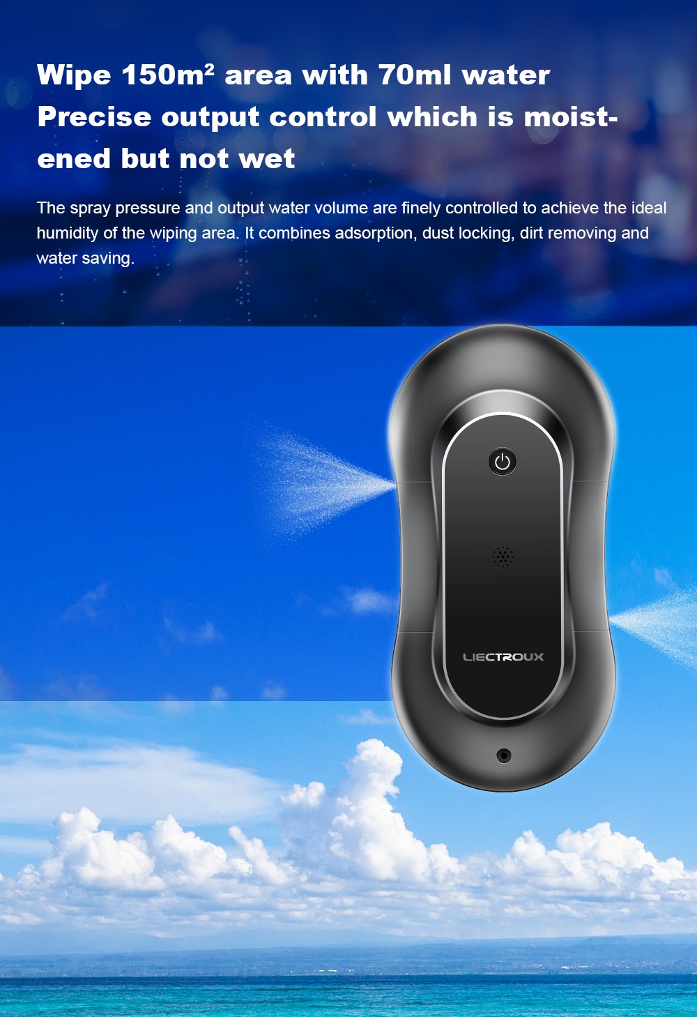 LIECTROUX YW810 Robot nettoyeur de vitres, jet d'eau bidirectionnel, nettoyage à sec et humide, itinéraire AI, moteur et ventilateur sans balais, application et télécommande, plusieurs modes de protection de sécurité, noir