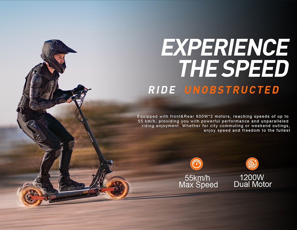 Trotineta electrica Joyor S8-S-Z cu semnal de viraj, motor 600 W x 2, baterie 48 V 26 Ah, anvelopa 10 inch, viteza maxima 55 km/h, autonomia 75 km, frane hidraulice duble, amortizoare fata si spate, sistem 6 lumini