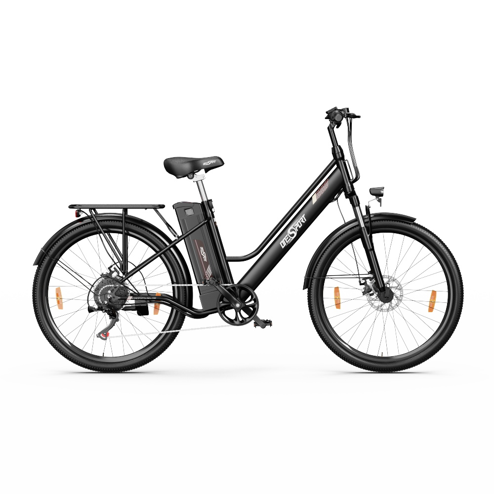 ONESPORT OT18 City Electric Bike, 26*2.35 inch wide Tires, 250W Motor 25km/h, 36V 14.4Ah Big Battery up to 100km Max Range,  Shimano 7-speed, Front Shock-absorbing fork, 25 Degree Climbing Bluetooth APP - Black