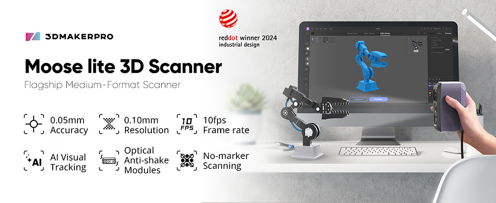 3DMAKERPRO LITE 3D Scanner, 0.05 mm precision, 0.10 mm resolution, NIR light source, 24-bit color camera, AL visual monitoring, 10 IPS images frequency, anti-tension objectives, compatible with Windows/MacOS