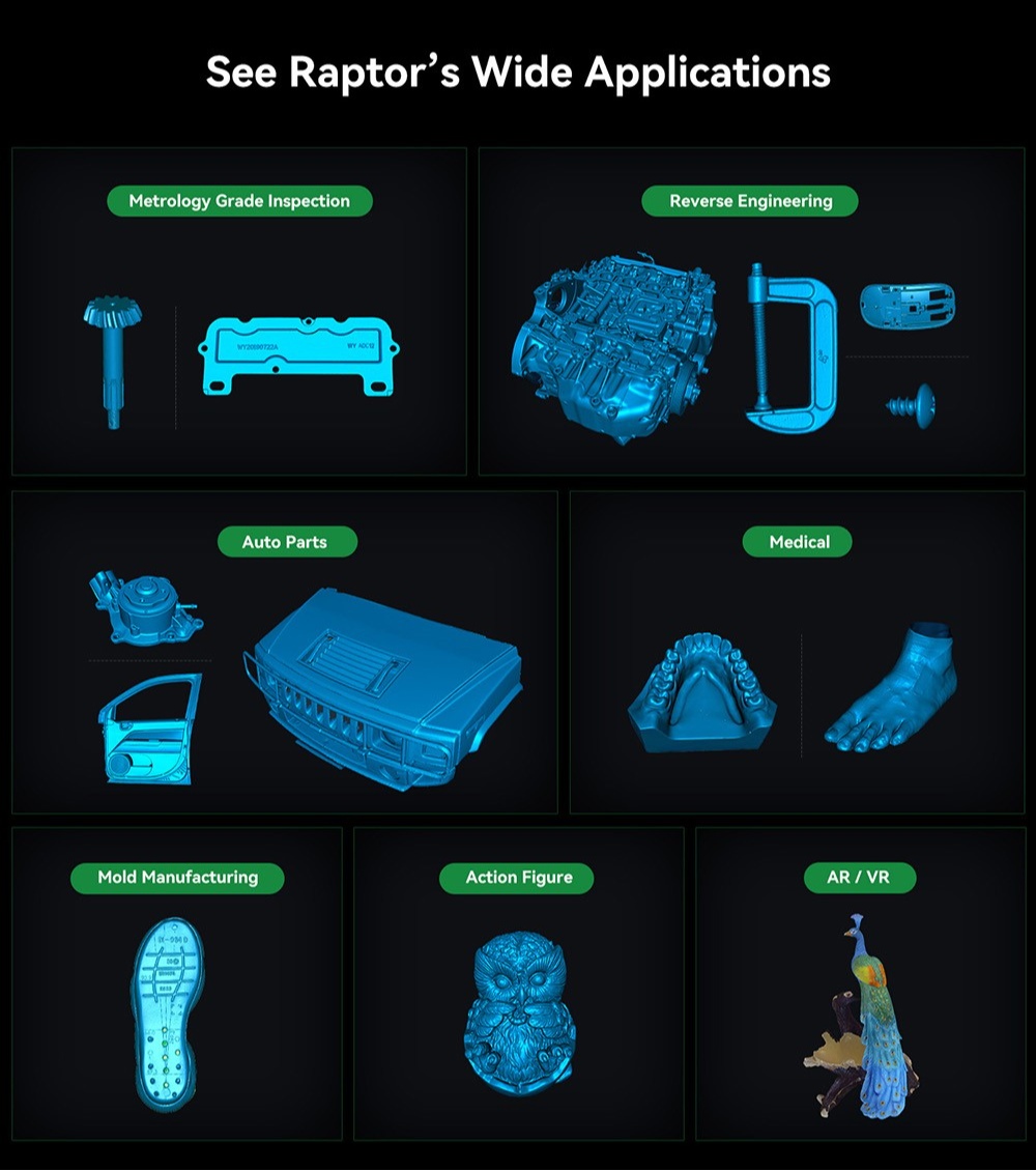 3D Creality Raptor 3D szkenner, NIR hibrid kék lézer, 60 ips szkennelési sebesség, objektumok 5 és 2000 mm között, 24 bites színes szkennelés, pontosság 0,02 mm, anti-feszültség