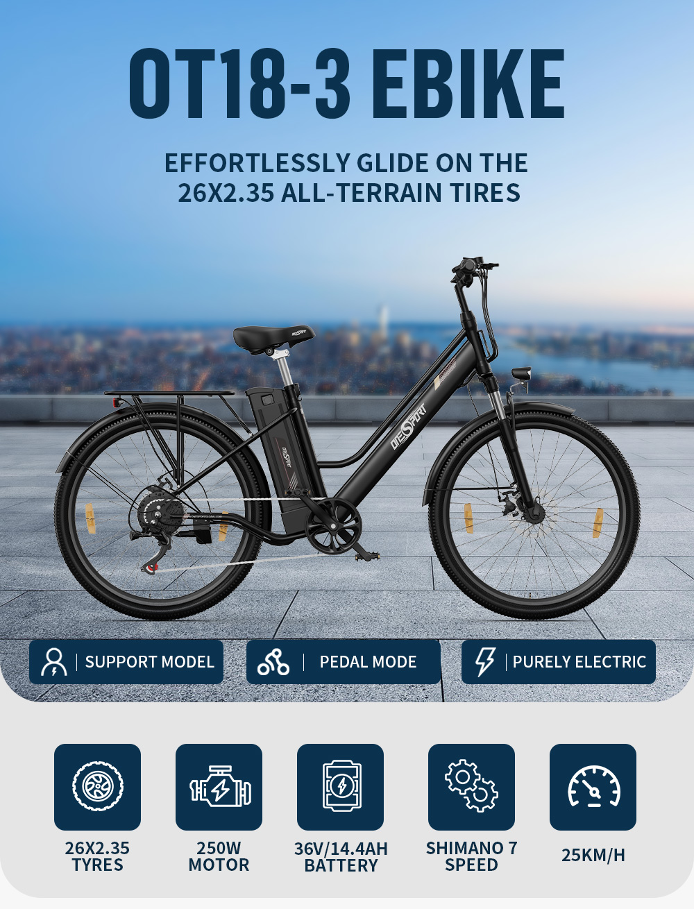 ONESPORT OT18 City Electric Bike, 26*2.35 inch wide Tires, 250W Motor 25km/h, 36V 14.4Ah Big Battery up to 100km Max Range,  Shimano 7-speed, Front Shock-absorbing fork, 25 Degree Climbing Bluetooth APP - Black