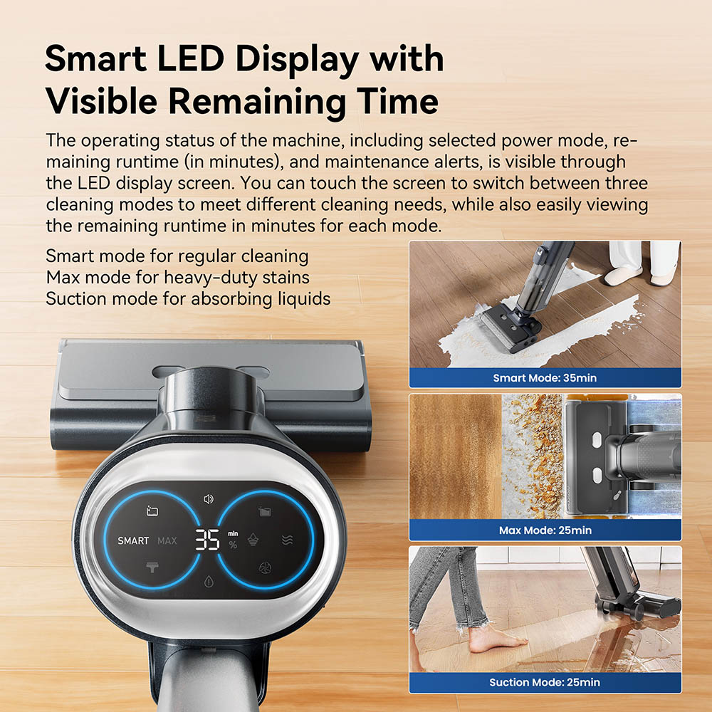 Aspirador escoba inalámbrico Proscenic F20A, autonomía 35 min, pantalla LED, autolimpieza y secado al aire, limpieza total de bordes, control mediante app, separación sólido-líquido