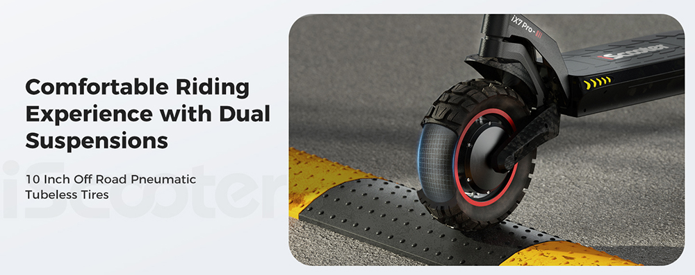 Trotineta electrica iScooter iX7 Pro, motor 2*1000W, baterie 48V 17.5Ah, cauciucuri off-road de 10 inch, viteza maxima 60km/h, autonomia 80km, frane pe disc fata si spate, suspensie dubla
