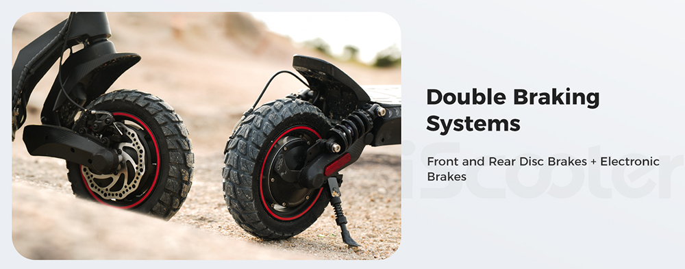 Trotineta electrica iScooter iX7 Pro, motor 2*1000W, baterie 48V 17.5Ah, cauciucuri off-road de 10 inch, viteza maxima 60km/h, autonomia 80km, frane pe disc fata si spate, suspensie dubla