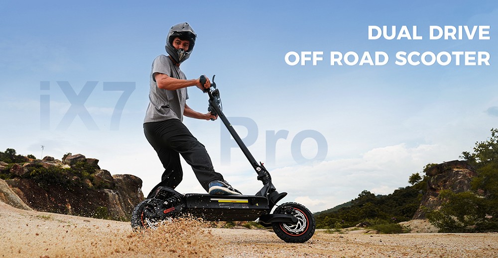 Trotineta electrica iScooter iX7 Pro, motor 2*1000W, baterie 48V 17.5Ah, cauciucuri off-road de 10 inch, viteza maxima 60km/h, autonomia 80km, frane pe disc fata si spate, suspensie dubla