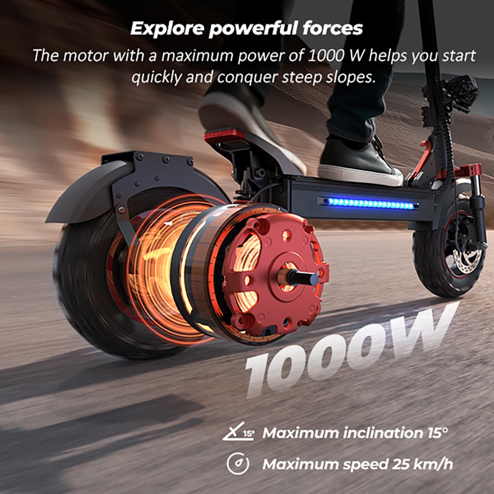 Scooter elétrica iScooter iX5S, motor de 1000 W, bateria 48 V 15 Ah, pneu de 10 polegadas, velocidade máxima de 25 km/h, autonomia de 65 km, freios a disco duplo, amortecedores dianteiros e traseiros