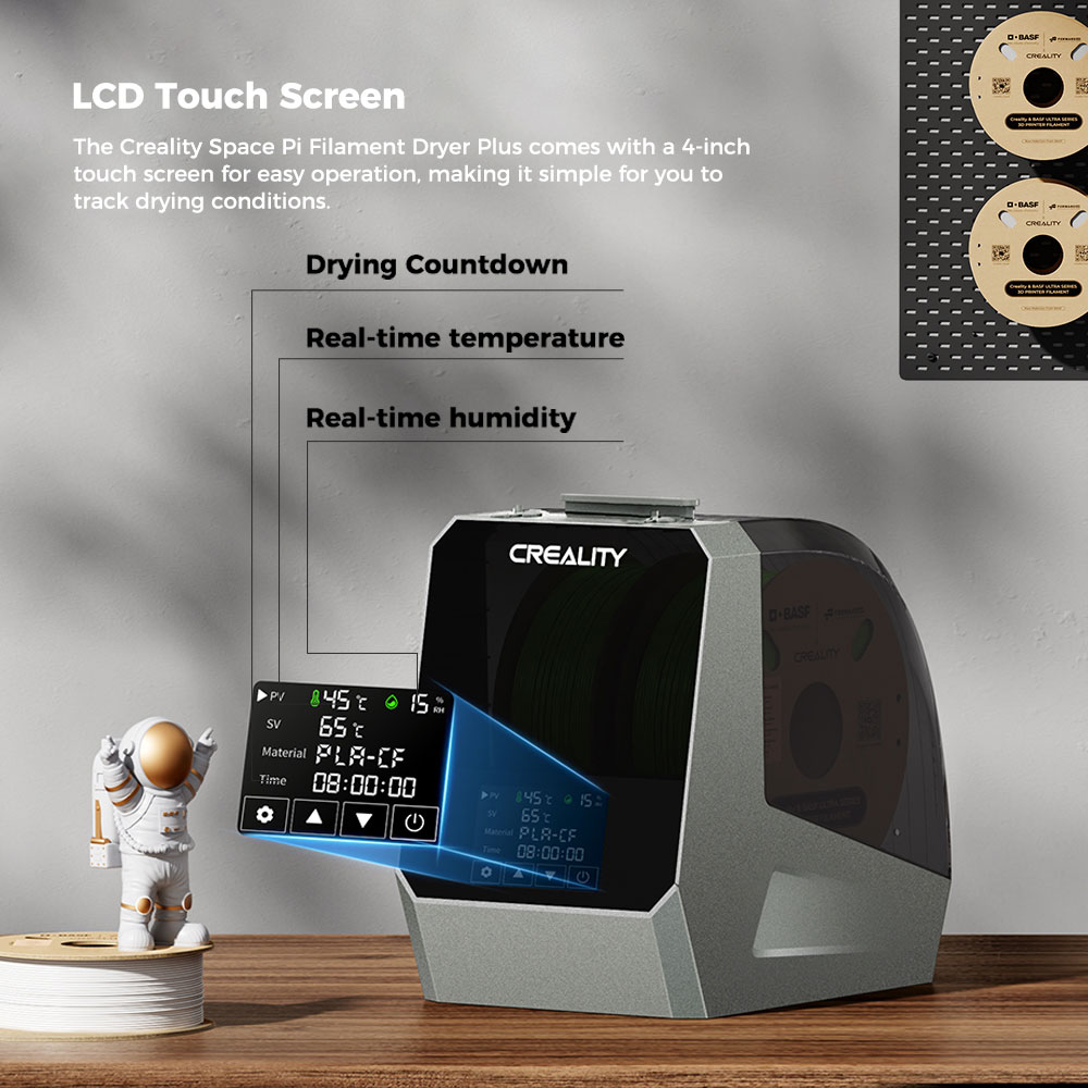 Boîte de séchage de filament Creality Space Pi Plus pour imprimante 3D, capacité de 2 rouleaux, chauffage à air chaud PTC à 360 degrés, minuterie de 48 heures, écran tactile LCD