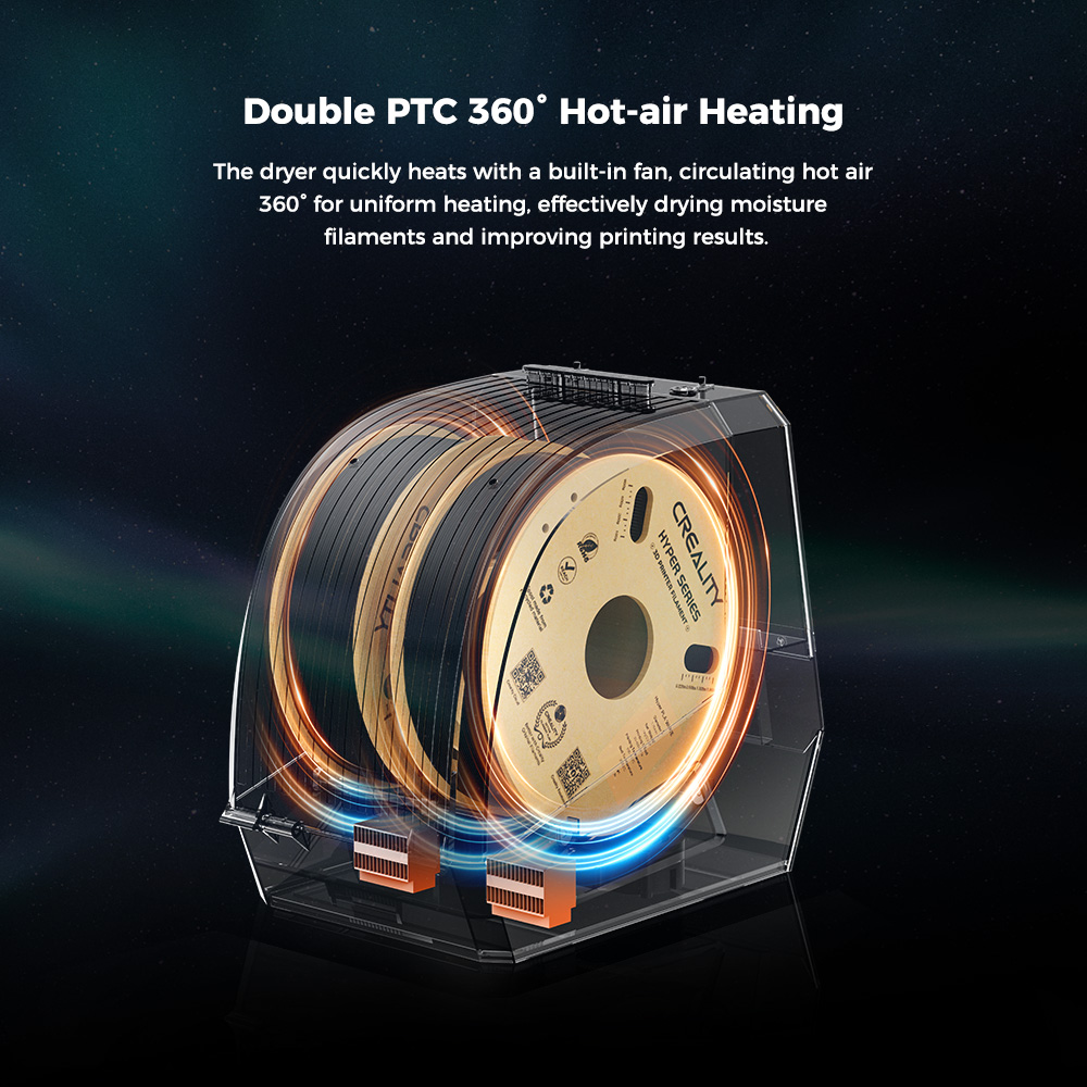 Boîte de séchage de filament Creality Space Pi Plus pour imprimante 3D, capacité de 2 rouleaux, chauffage à air chaud PTC à 360 degrés, minuterie de 48 heures, écran tactile LCD