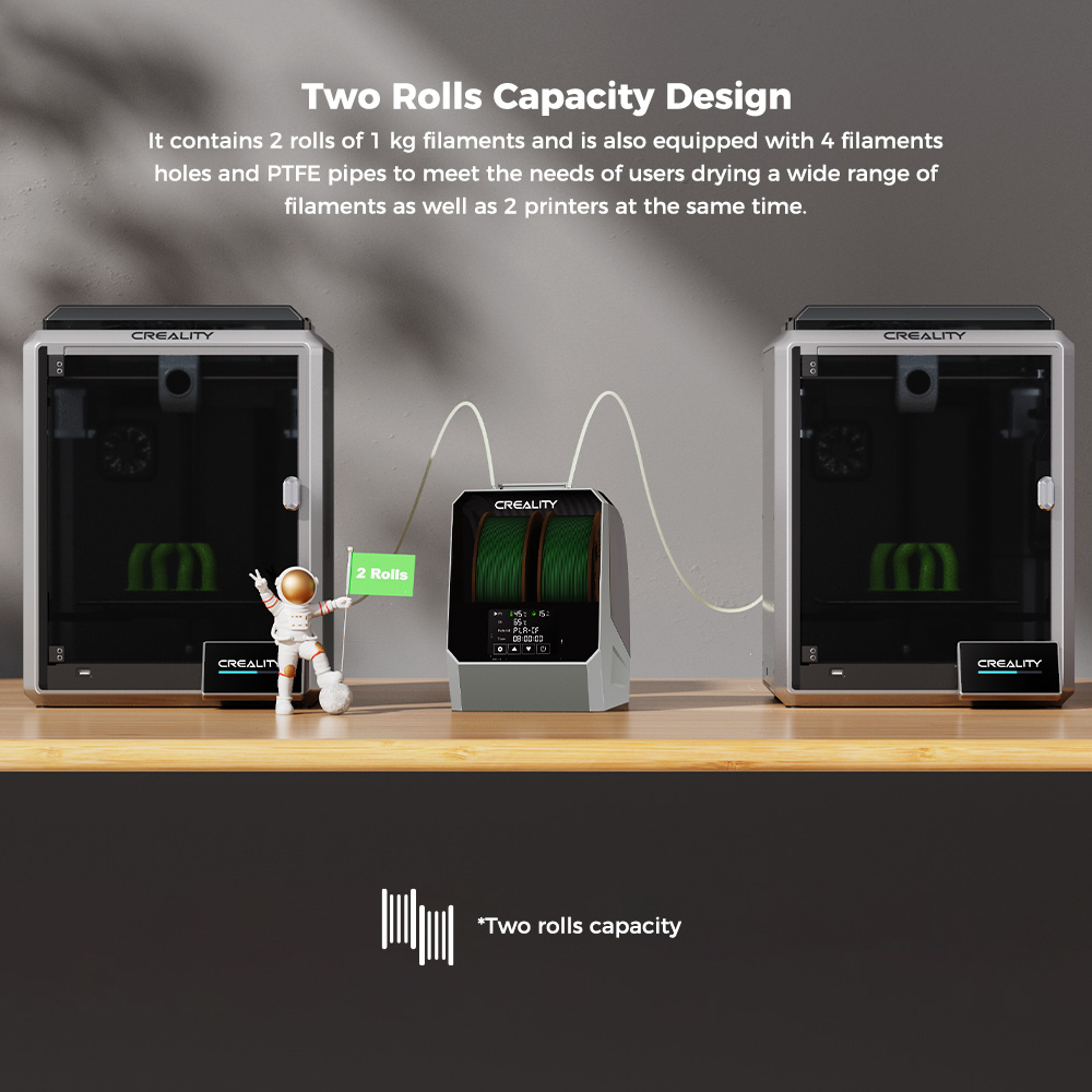 Boîte de séchage de filament Creality Space Pi Plus pour imprimante 3D, capacité de 2 rouleaux, chauffage à air chaud PTC à 360 degrés, minuterie de 48 heures, écran tactile LCD