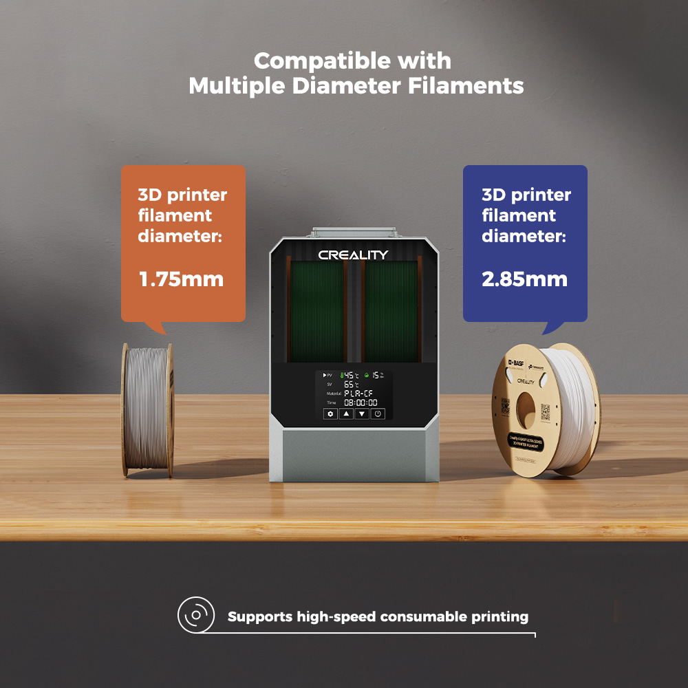 Boîte de séchage de filament Creality Space Pi Plus pour imprimante 3D, capacité de 2 rouleaux, chauffage à air chaud PTC à 360 degrés, minuterie de 48 heures, écran tactile LCD