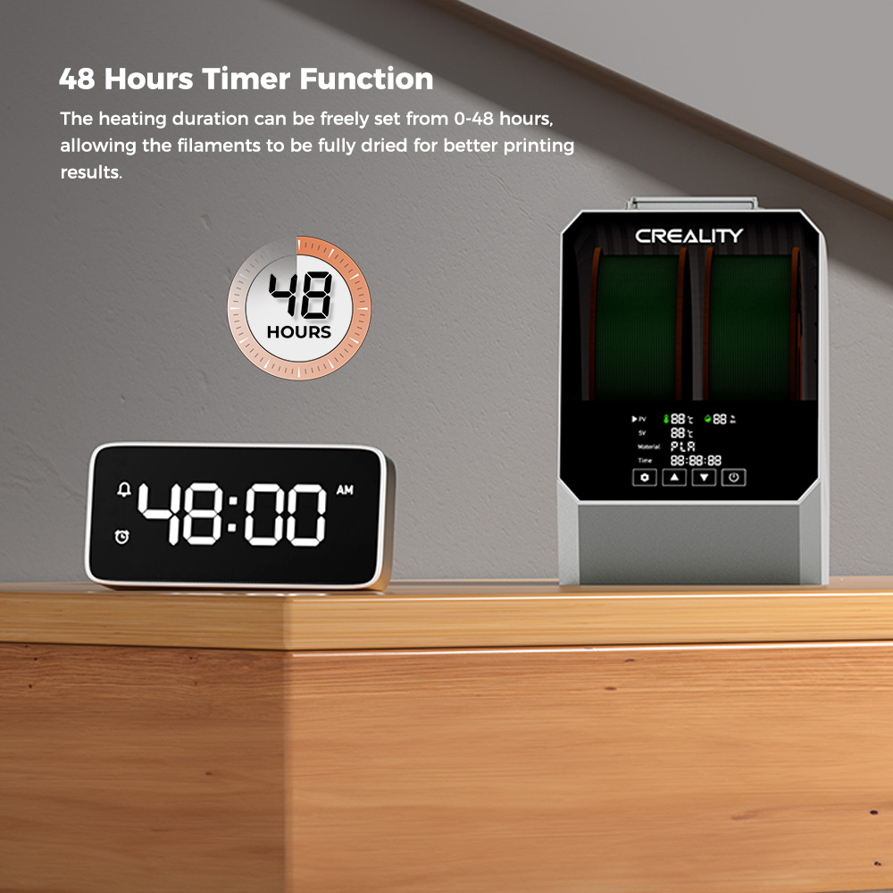 Boîte de séchage de filament Creality Space Pi Plus pour imprimante 3D, capacité de 2 rouleaux, chauffage à air chaud PTC à 360 degrés, minuterie de 48 heures, écran tactile LCD