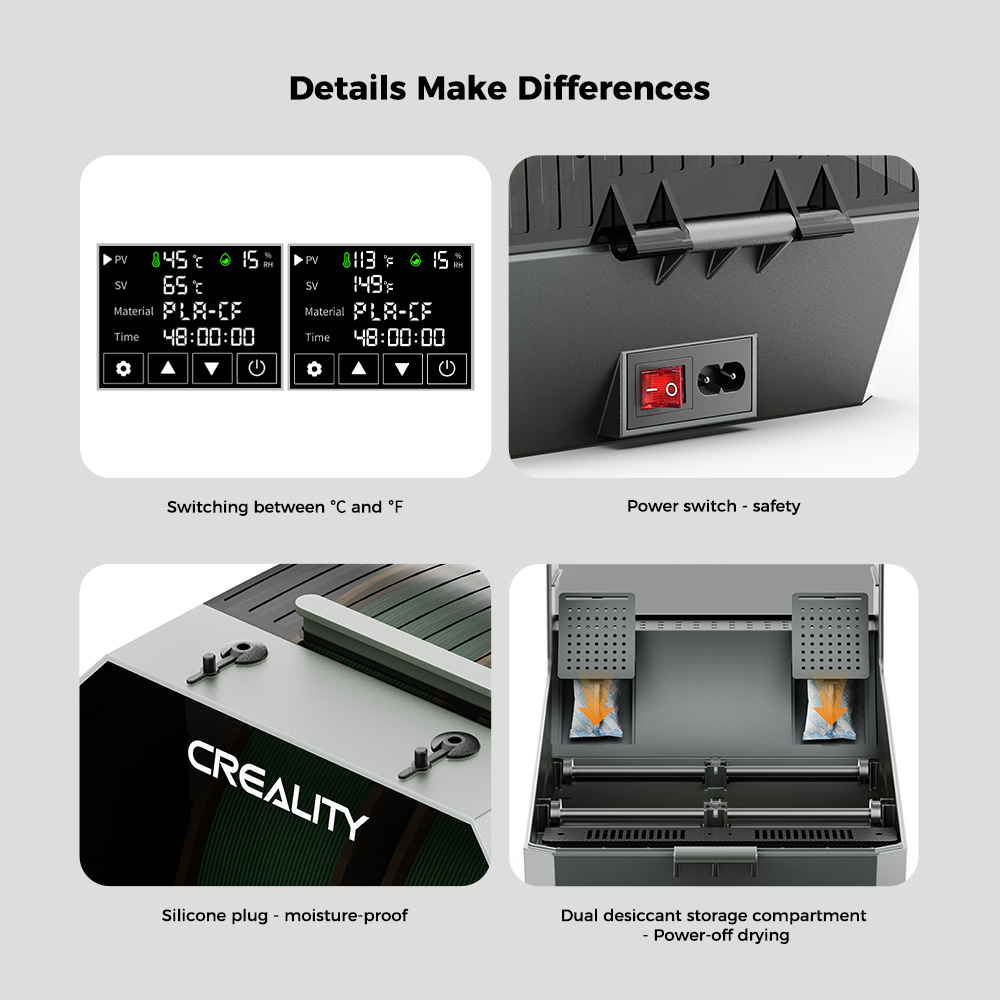 Boîte de séchage de filament Creality Space Pi Plus pour imprimante 3D, capacité de 2 rouleaux, chauffage à air chaud PTC à 360 degrés, minuterie de 48 heures, écran tactile LCD