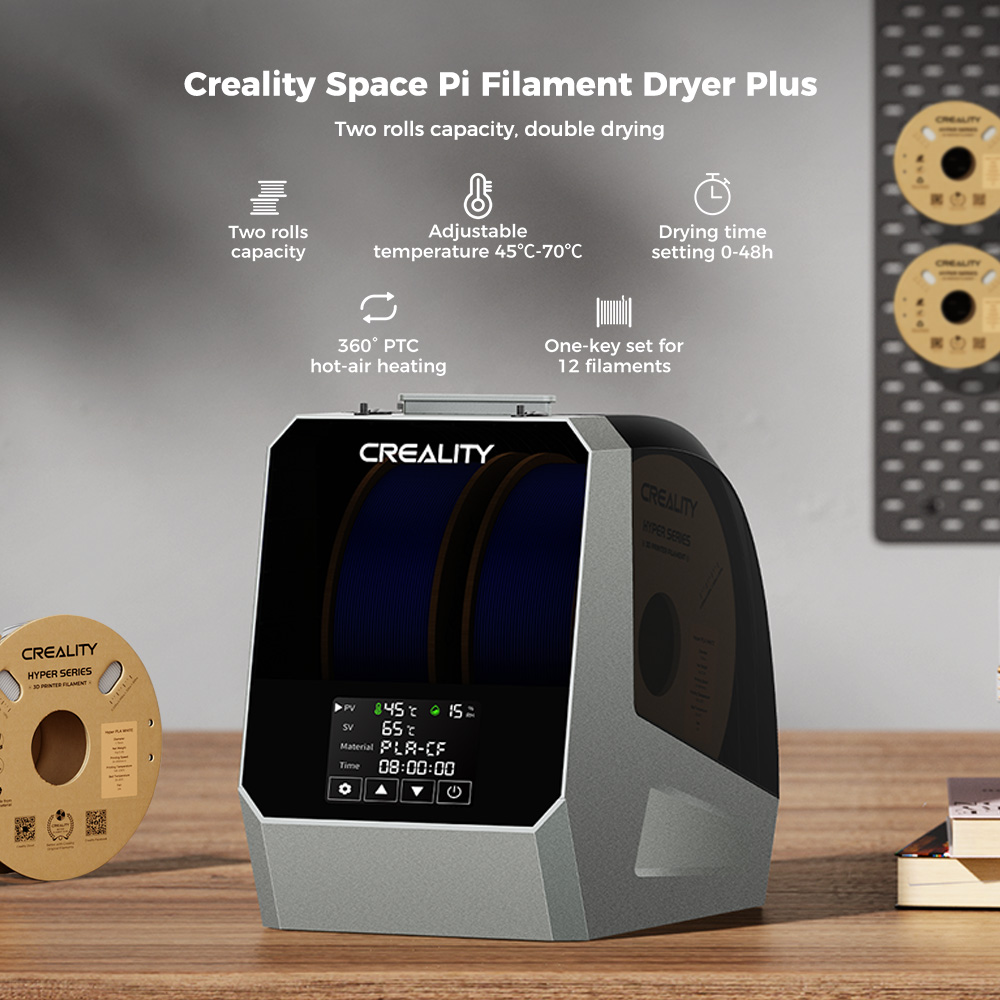 Boîte de séchage de filament Creality Space Pi Plus pour imprimante 3D, capacité de 2 rouleaux, chauffage à air chaud PTC à 360 degrés, minuterie de 48 heures, écran tactile LCD