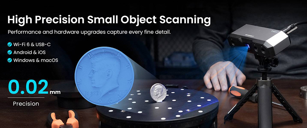 Revopoint MINI 2 3D Scanner, précision 0.02 mm, résolution 2 MP, vitesse de numérisation jusqu'à 16 ips, lumière bleue, distance de travail 120-250 mm, 6 LED flash, suivi de mouvement IMU, pour objets dentaires/petits objets, édition avancée