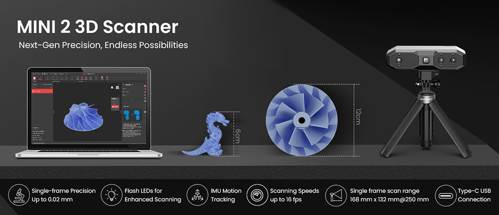 Revopoint MINI 2 3D Scanner, précision 0.02 mm, résolution 2 MP, vitesse de numérisation jusqu'à 16 ips, lumière bleue, distance de travail 120-250 mm, 6 LED flash, suivi de mouvement IMU, pour objets dentaires/petits objets, édition avancée