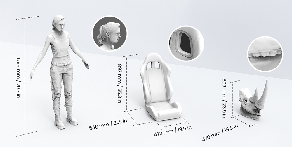 3D skener Revopoint 2 RANGE, přesnost 0,1 mm, rozlišení 2 MP, rychlost skenování až 16 snímků za sekundu, pracovní vzdálenost 400–1 300 mm, 4 LED blesk, IMU sledování pohybu, podporuje obličej/velké objekty a Win/Android/iOS/macOS