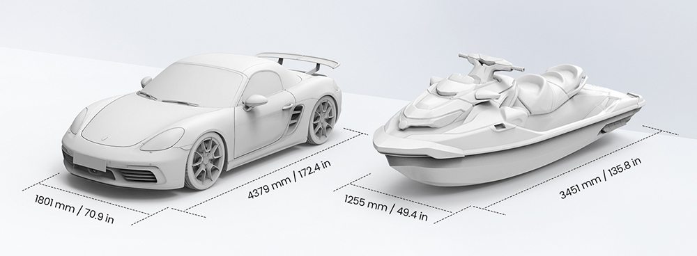 3D skener Revopoint 2 RANGE, přesnost 0,1 mm, rozlišení 2 MP, rychlost skenování až 16 snímků za sekundu, pracovní vzdálenost 400–1 300 mm, 4 LED blesk, IMU sledování pohybu, podporuje obličej/velké objekty a Win/Android/iOS/macOS