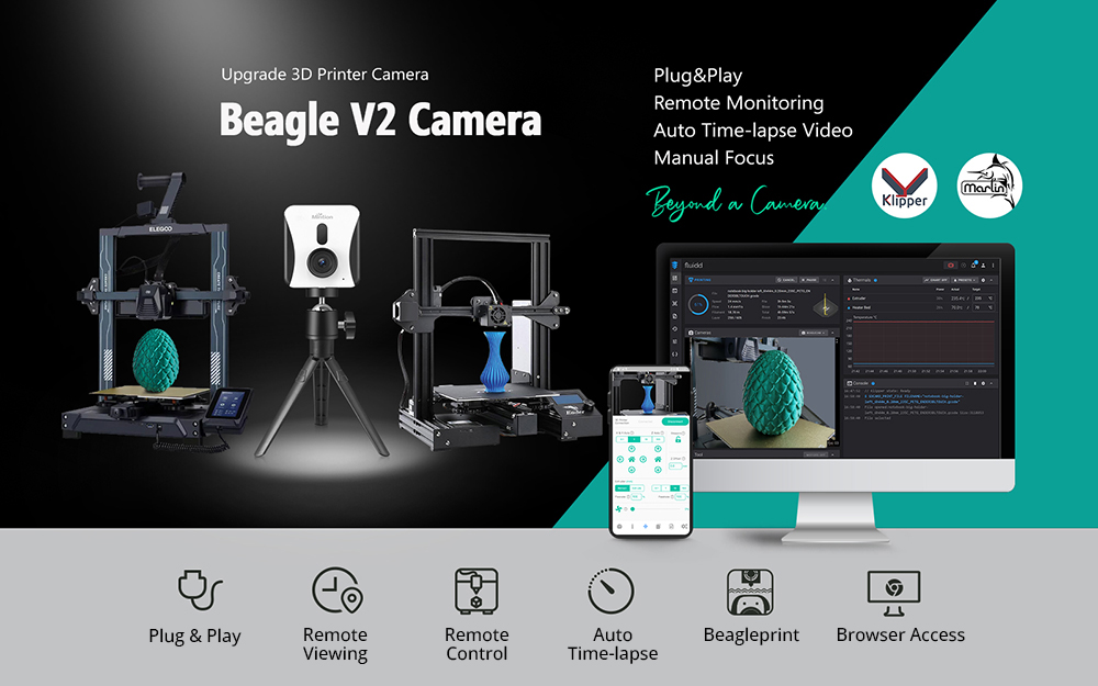 Mintion Beagle V2 3D Caméra d'imprimante, support Klipper, résolution vidéo 1080P, mise au point manuelle, télécommande WiFi, vidéo accélérée automatique, zoom électronique, vision nocturne, connexion PC/mobile