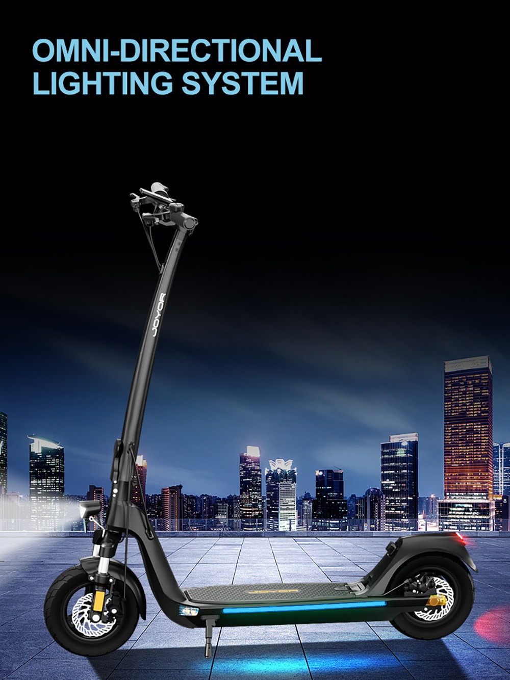 JOYOR C10 elscooter, 500 W motor, 48 V 10,4 Ah batteri, 10 tums däck, maxhastighet 45 km/h, räckvidd 30-50 km, maxlast 120 kg, skivbroms fram och bak