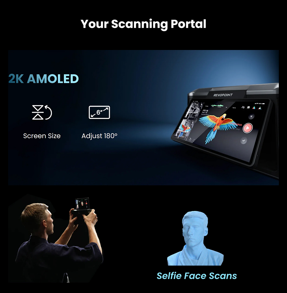 Revopoint MIRACO 3D-Scanner mit 16 GB RAM, 0,02 mm hoher Genauigkeit, 15 fps Scangeschwindigkeit, 8K-Farberfassung, 180° drehbarer Bildschirm, 9-Achsen-IMU, 2K-HD-Bild, Einzel- und Dauermodus, stabiles Design, für kleine und große Objekte