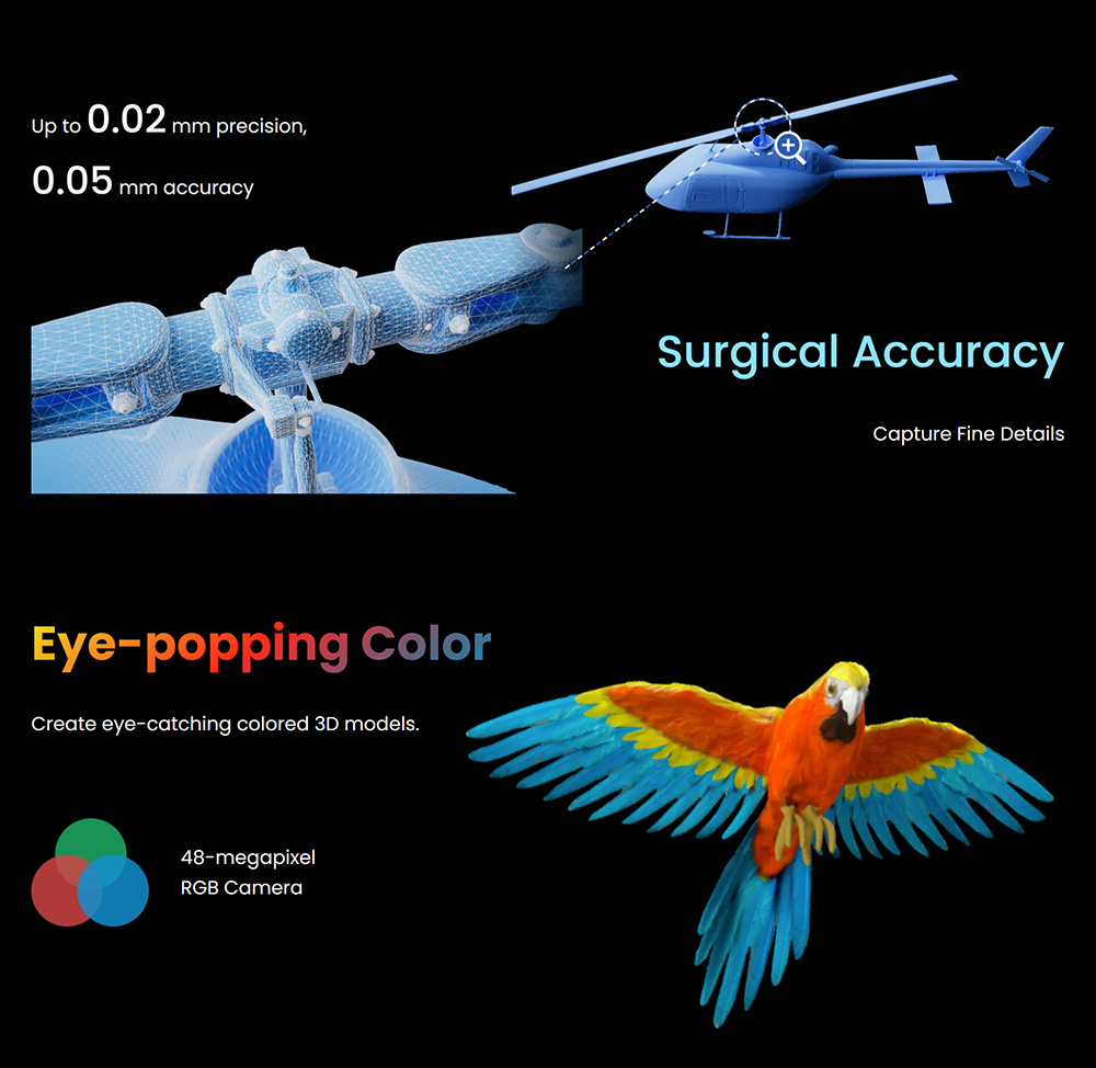 Revopoint MIRACO 3D-Scanner mit 16 GB RAM, 0,02 mm hoher Genauigkeit, 15 fps Scangeschwindigkeit, 8K-Farberfassung, 180° drehbarer Bildschirm, 9-Achsen-IMU, 2K-HD-Bild, Einzel- und Dauermodus, stabiles Design, für kleine und große Objekte