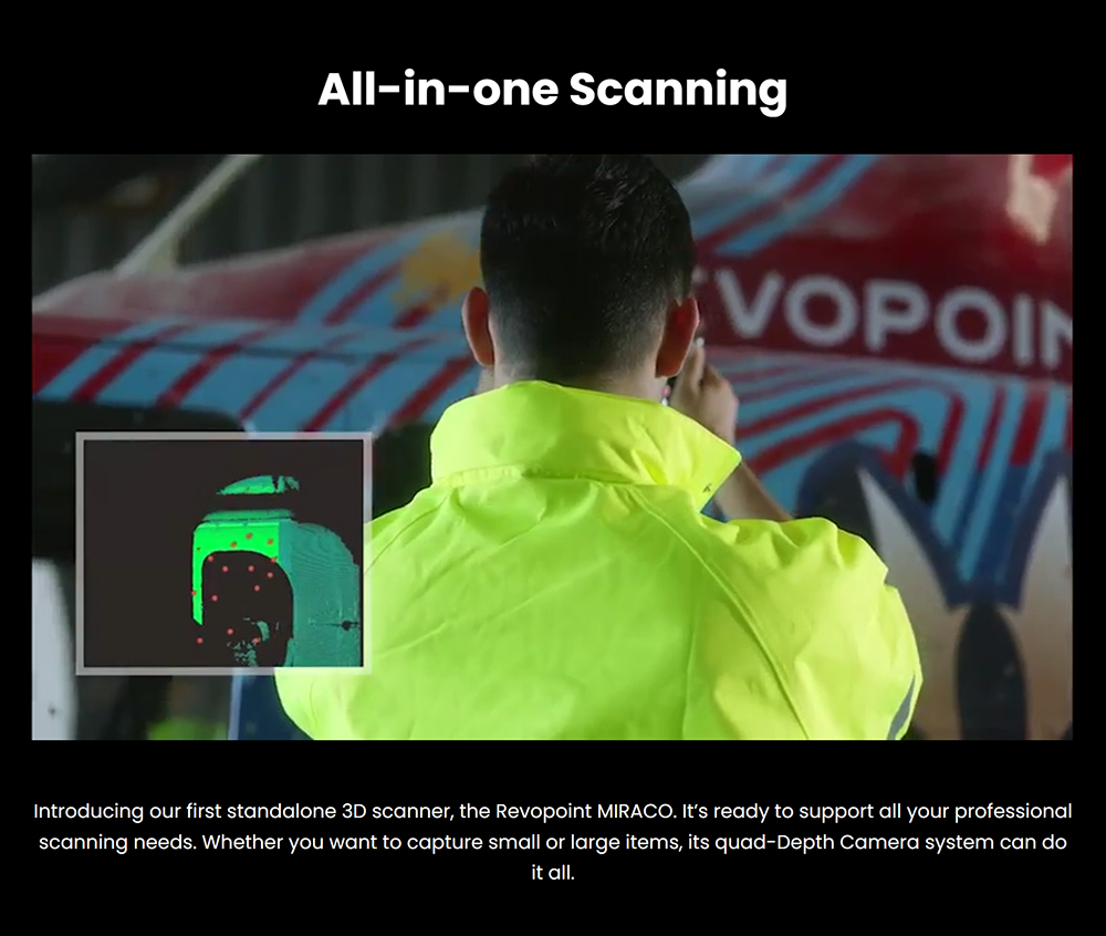 Revopoint MIRACO 3D-Scanner mit 16 GB RAM, 0,02 mm hoher Genauigkeit, 15 fps Scangeschwindigkeit, 8K-Farberfassung, 180° drehbarer Bildschirm, 9-Achsen-IMU, 2K-HD-Bild, Einzel- und Dauermodus, stabiles Design, für kleine und große Objekte