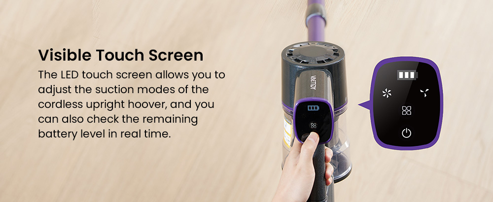 Aspiradora inalámbrica Vactidy V8 Pro, potente succión de 25 kPa, sistema de filtración ciclónica, depósito de polvo de 500 ml, pantalla táctil LED, cabezal de cepillo giratorio de 180°, tiempo de funcionamiento de 35 minutos, diseño independiente