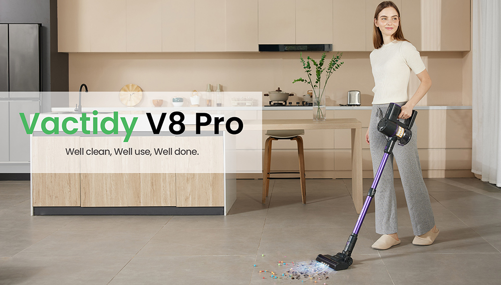 Aspiradora inalámbrica Vactidy V8 Pro, potente succión de 25 kPa, sistema de filtración ciclónica, depósito de polvo de 500 ml, pantalla táctil LED, cabezal de cepillo giratorio de 180°, tiempo de funcionamiento de 35 minutos, diseño independiente