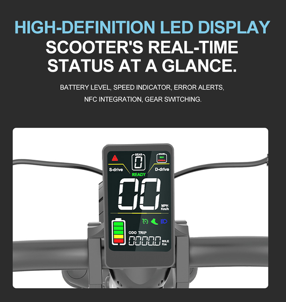 JOYOR C10 elscooter, 500 W motor, 48 V 10,4 Ah batteri, 10 tums däck, maxhastighet 45 km/h, räckvidd 30-50 km, maxlast 120 kg, skivbroms fram och bak