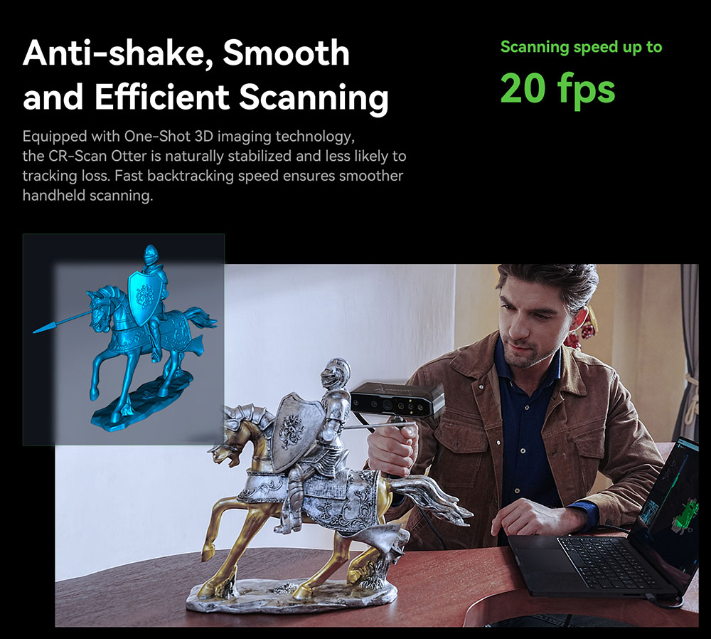 3D Creality Cality Scaner CC Scan Otter, 20 ips szkennelési sebesség, 0,02 mm pontosság, 4 -lent sztereo látás, 24 bites színes szkennelés, 8 infravörös fény
