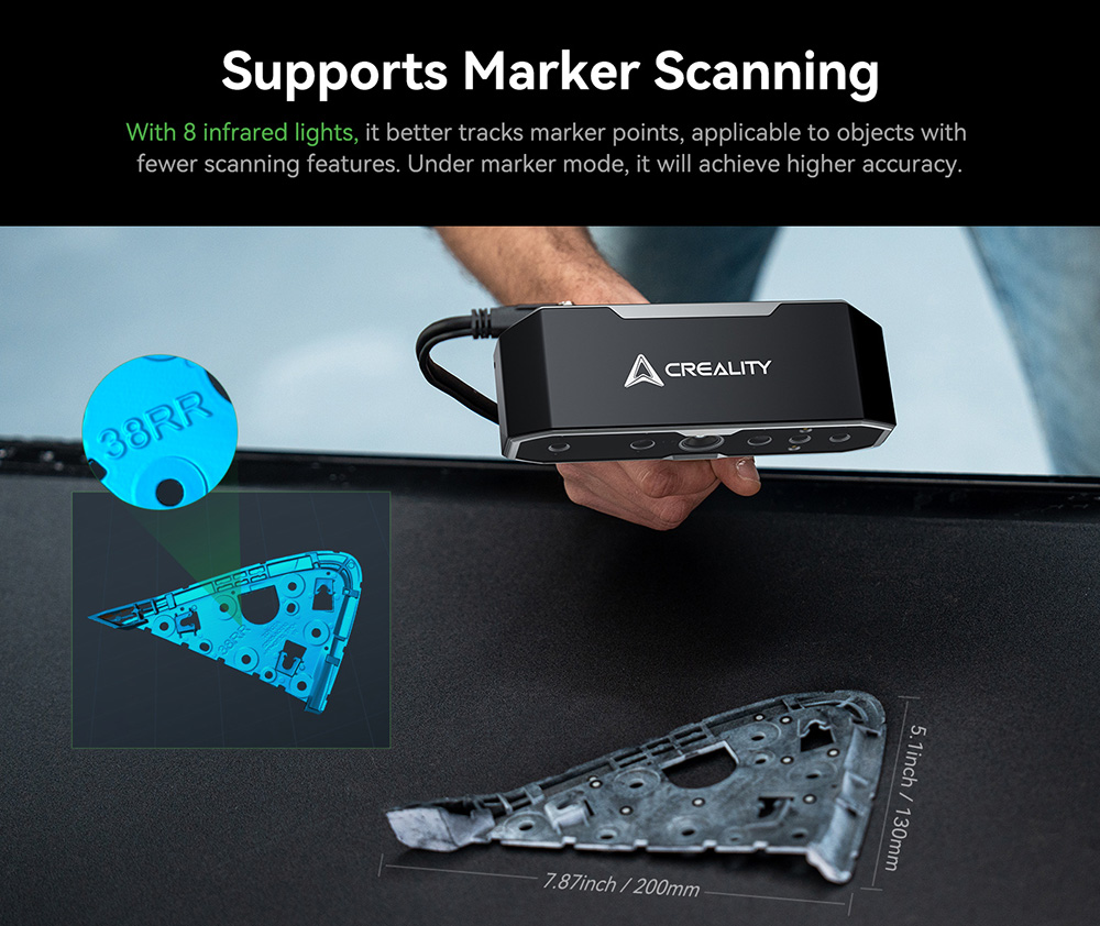 3D Creality Cality Scaner CC Scan Otter, 20 ips szkennelési sebesség, 0,02 mm pontosság, 4 -lent sztereo látás, 24 bites színes szkennelés, 8 infravörös fény