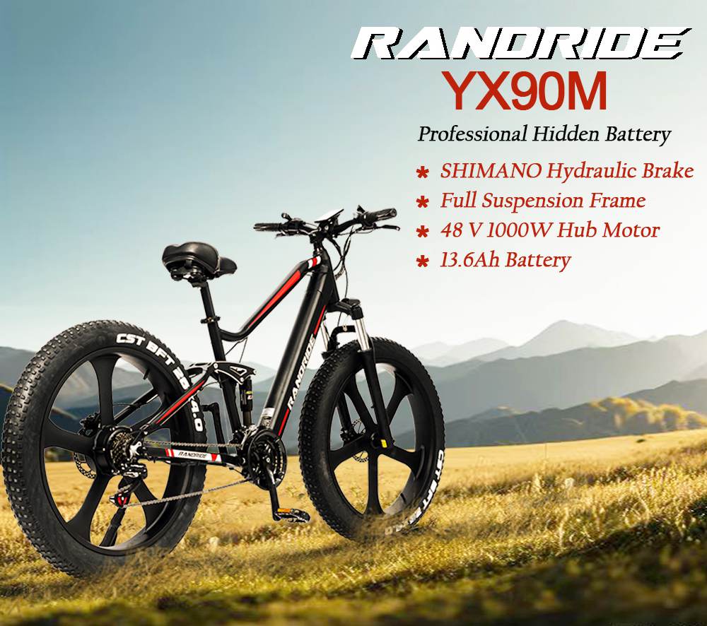 Bicicleta eléctrica RANDRIDE YX90M, llanta ancha de 26 pulgadas, motor sin escobillas de 1000 W, batería de 48 V 13.6 Ah, velocidad máxima de 45 km/h, alcance de 100 km, pantalla LCD, freno hidráulico SHIMANO, cuadro de suspensión total