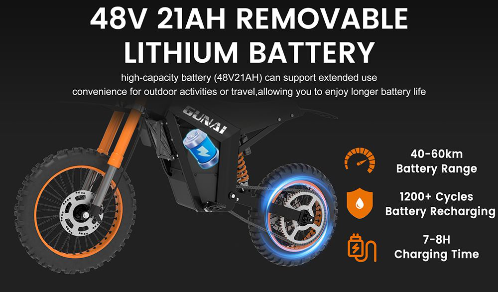 Dirt Bike elettrica GUNAI GN21, motore da 1200 W, batteria da 48 V 21 Ah, velocità massima 55 km/h, carico massimo 80 kg, 14