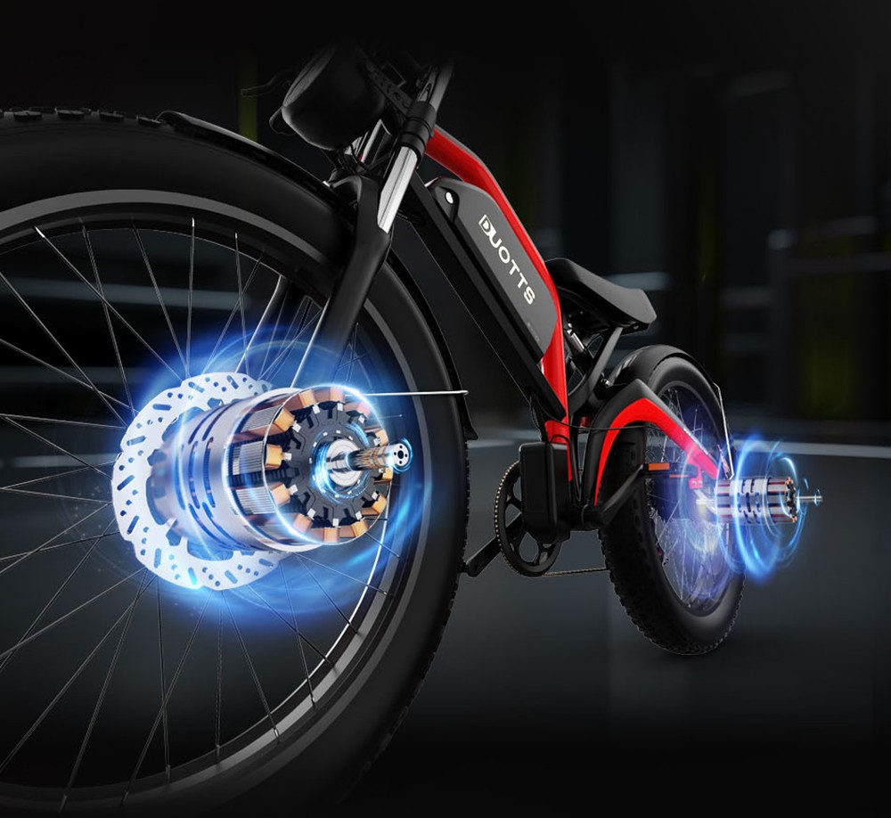 Bicicleta elétrica DUOTTS N26, motores 750W * 2, velocidade máxima de 55 km / h, pneus infláveis ​​​​de 26 * 4.0 ', bateria Samsung 48V 20Ah, alcance de 120-150 km, Shimano 7 velocidades, carga máxima de 200 kg preta