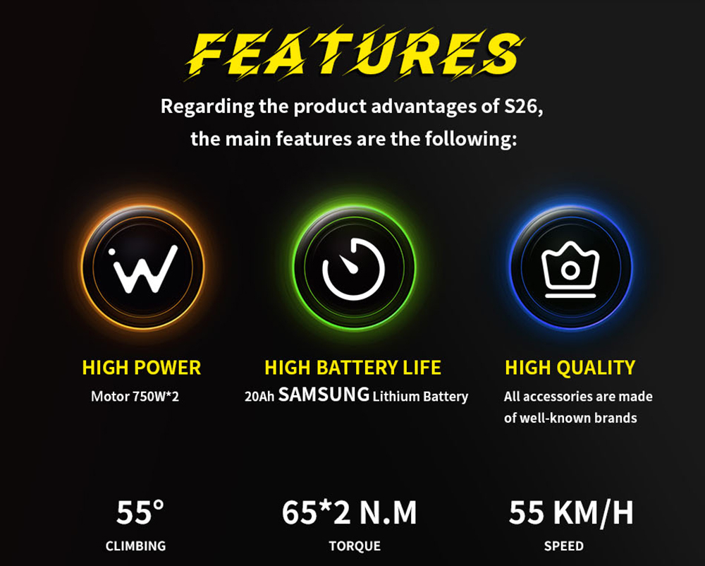 Vélo électrique DUOTTS N26, moteurs 750 W x 2, vitesse maximale de 55 km/h, pneus gonflables 26 x 4.0', batterie Samsung 48 V 20 Ah, autonomie de 120 à 150 km, Shimano 7 vitesses, charge maximale de 200 kg, noir