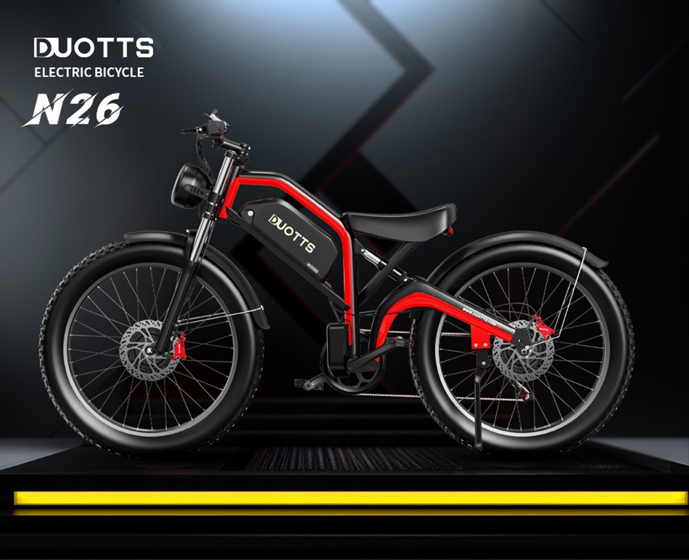 DUOTTS N26 elektromos kerékpár, 750 W*2 motor, 55 km/h maximális sebesség, 26*4.0' felfújható gumik, 48 V 20 Ah Samsung akkumulátor, 120-150 km hatótáv, 7 sebességes Shimano, 200 kg maximális terhelés fekete