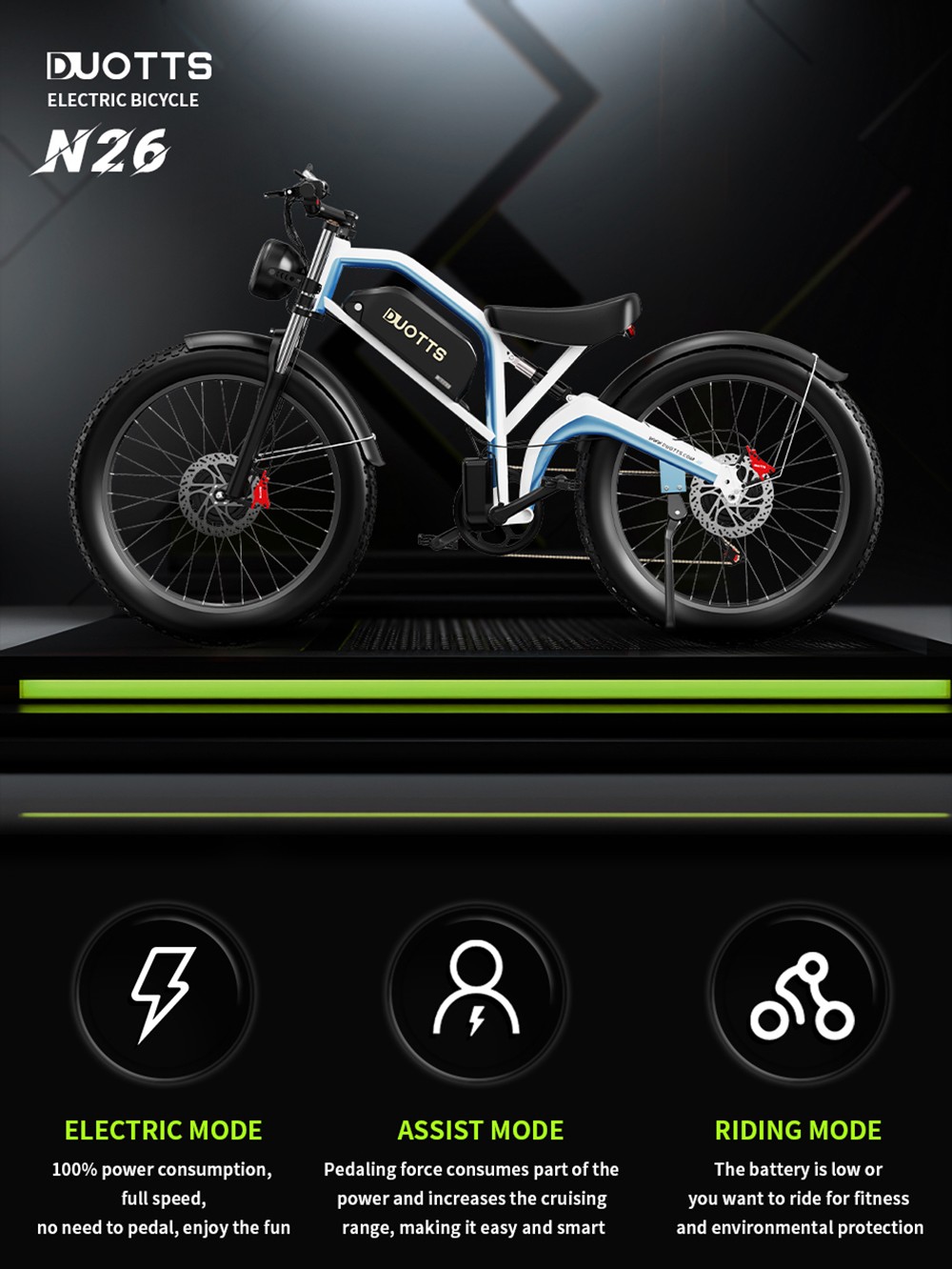 Ηλεκτρικό ποδήλατο DUOTTS N26, κινητήρες 750W*2, Μέγιστη ταχύτητα 55km/h, 26*4.0