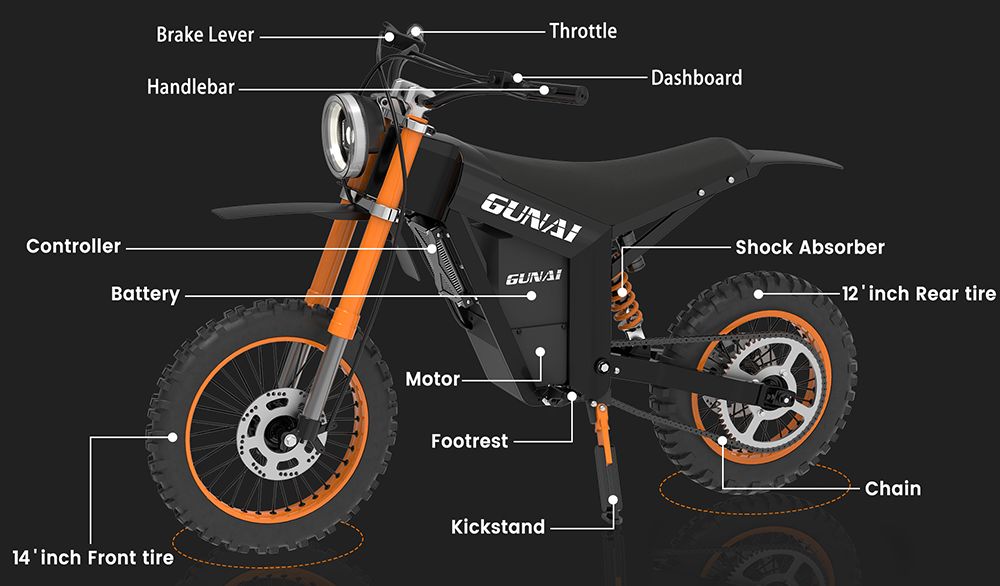 GUNAI GN21 Bicicleta de Cross eléctrica, Motor de 1200 W, batería de 48 V 21 Ah, Velocidad máxima de 55 km/h, Carga máxima de 80 kg, 14