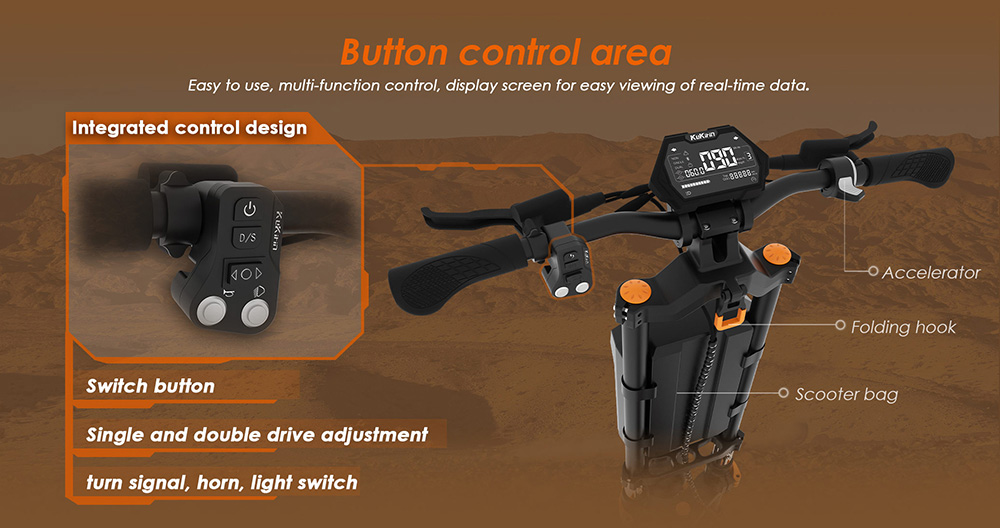 KuKirin G4 Max terrängskoter, 2*1600W borstlös navmotor, 12 tums off-road pneumatiska däck, 60V 35,2Ah batteri, max räckvidd 95km, maxhastighet 86km/h, kolvbroms fram och bak, IP54 vattentät