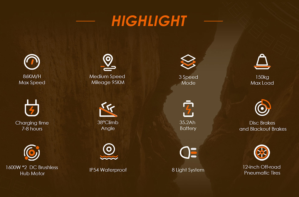 KuKirin G4 Max terrängskoter, 2*1600W borstlös navmotor, 12 tums off-road pneumatiska däck, 60V 35,2Ah batteri, max räckvidd 95km, maxhastighet 86km/h, kolvbroms fram och bak, IP54 vattentät