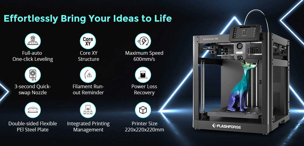 Flashforge Adventurer 5M 3D Printer, Auto Leveling, 600mm/s Max Sprint Speed, Filament Run Out Reminder, Power Loss Recovery, 4.3 Inch LCD Touchscreen, WiFi Connection, 220 x 220 x 220mm