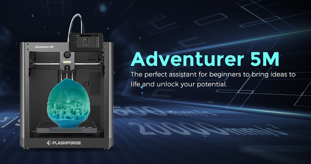 Flashforge Adventurer 5M 3D Printer, Auto Leveling, 600mm/s Max Sprint Speed, Filament Run Out Reminder, Power Loss Recovery, 4.3 Inch LCD Touchscreen, WiFi Connection, 220 x 220 x 220mm