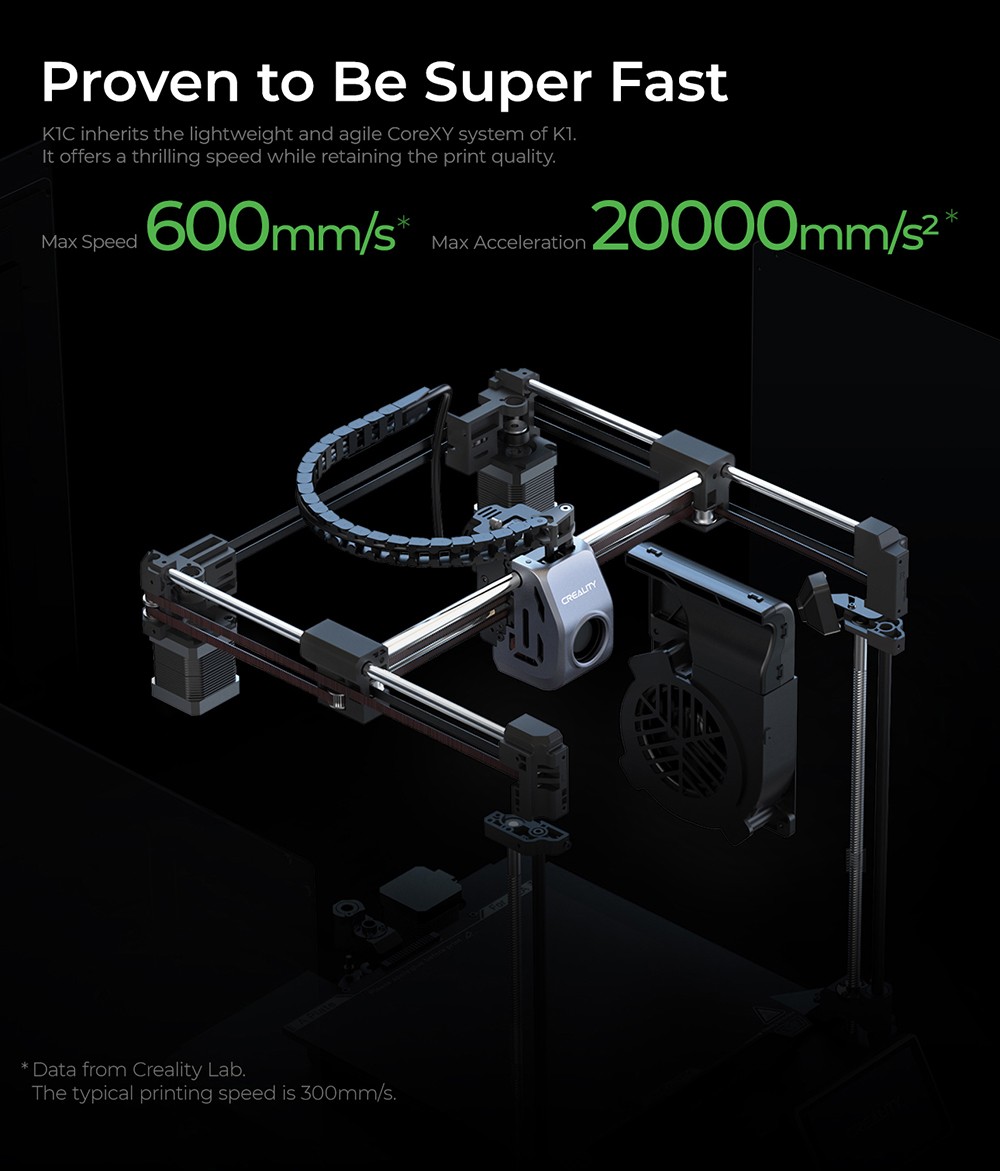 3D Creality K1C nyomtató, maximális sebesség 600 mm/s, AI kamera, gyors cserélési fúvóka, teljes egészében fémben, szénszálas nyomatok, légszűrő és csendes módban