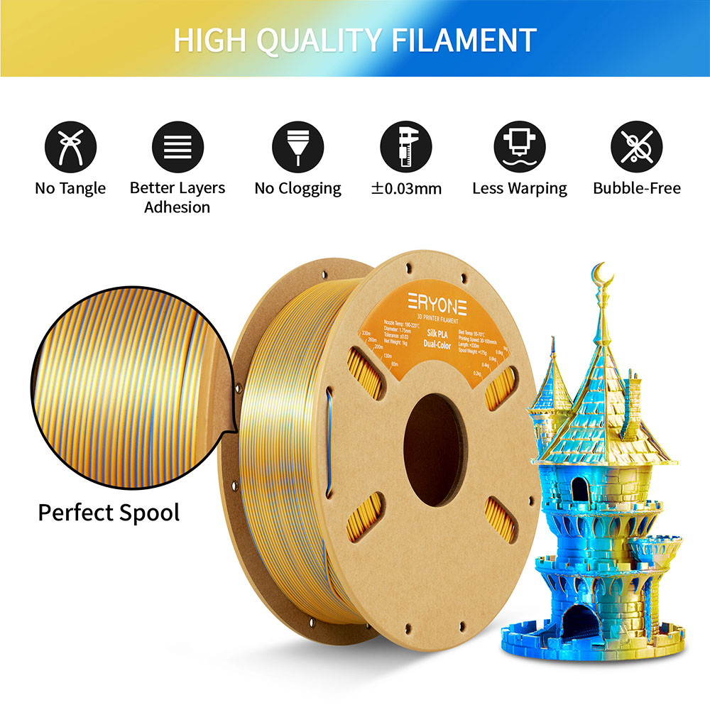 Filament PLA ERYONE en soie bicolore 1kg - Or et bleu